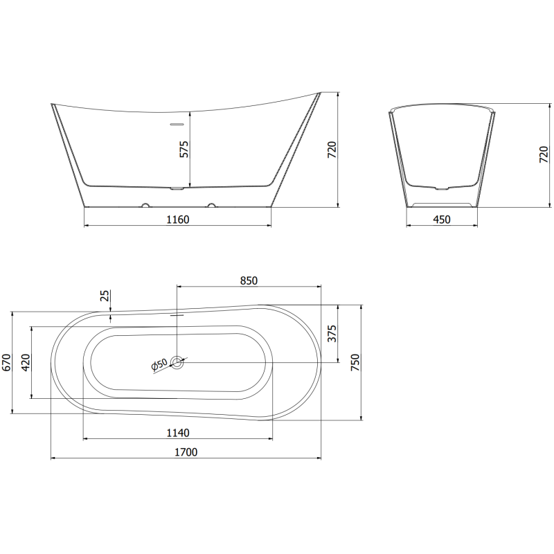 Mexen Dora laisvai stovinti vonia 170 x 75 cm, balta/juoda, chromuotas persipylimas - 52071707575-01