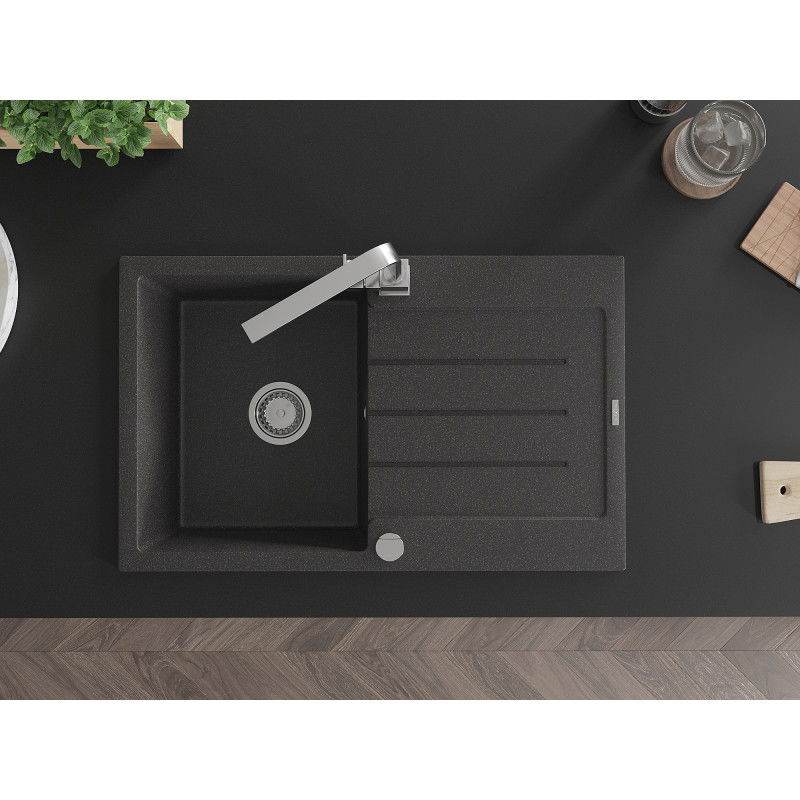 Mexen Bruno vienos kameros granitinė kriauklė su nuvarvėjimo zona ir virtuvės maišytuvu Rita, juoda dėmėta - 6513-76-670300-00