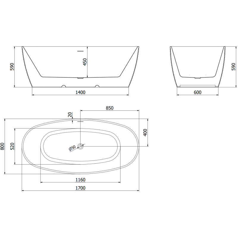 Mexen Lira laisvai stovinti vonia, modelis 170 x 80 cm, balta/juoda, vario šepetys - 52831708075-65