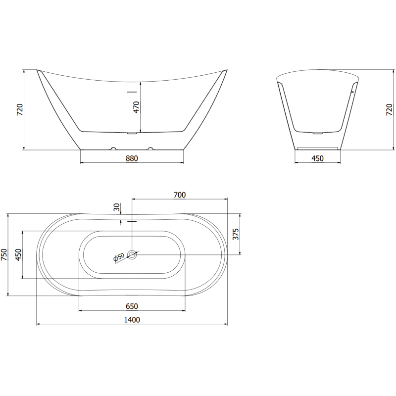 Mexen Lotos laisvai stovinti vonia 140 x 75 cm, balta, su auksiniu persipylimu - 52051407700-50