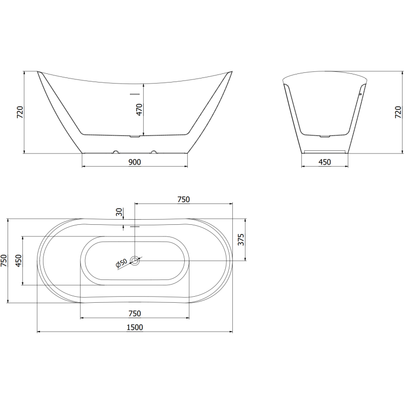 Mexen Lotos laisvai stovinti vonia 150 x 75 cm, balta/juoda, auksinis šlifuotas perpildymo vožtuvas - 52051507775-55