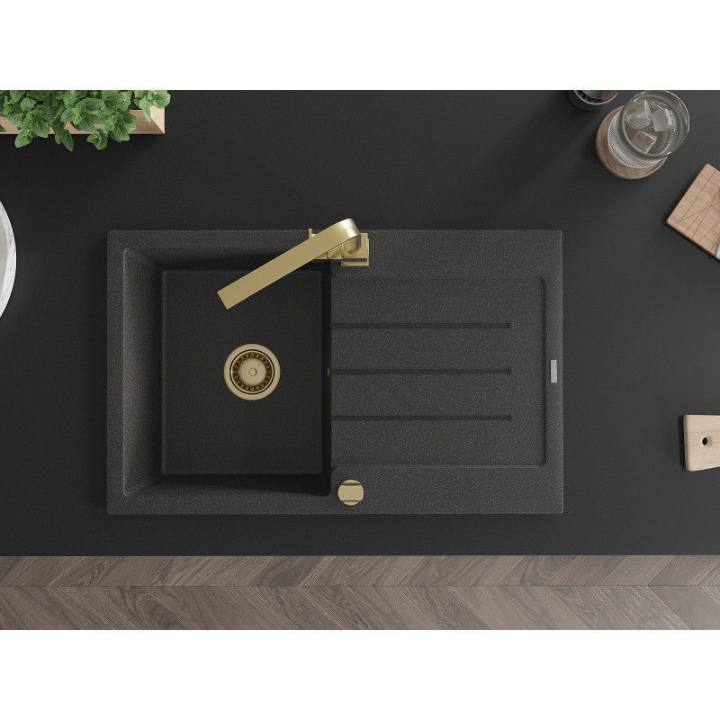 Mexen Bruno granitinis virtuvės plautuvės komplektas su virtuvės čiaupu Rita, juodas su taškeliais - 6513-76-670300-50