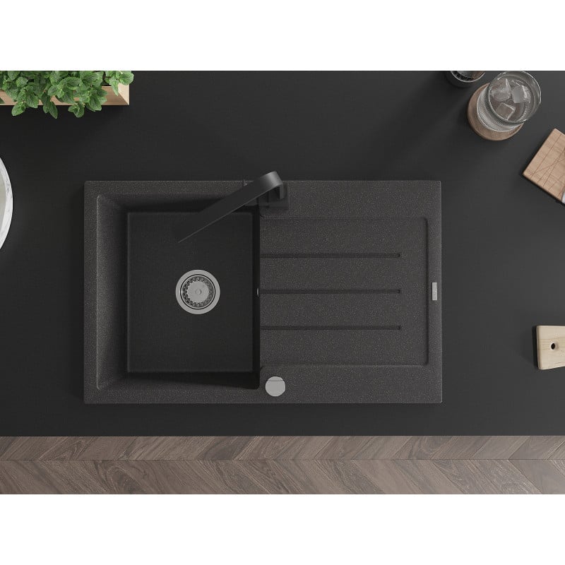 Mexen Bruno granitinė vienos kameros plautuvė su nutekamąja dalimi ir virtuviniu maišytuvu Rita, juodas su dėmėmis