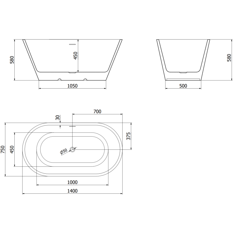 Mexen Luna laisvai stovinti vonia 140 x 75 cm, balta/juoda, šepečiu nikelio perteklius - 52031407575-97