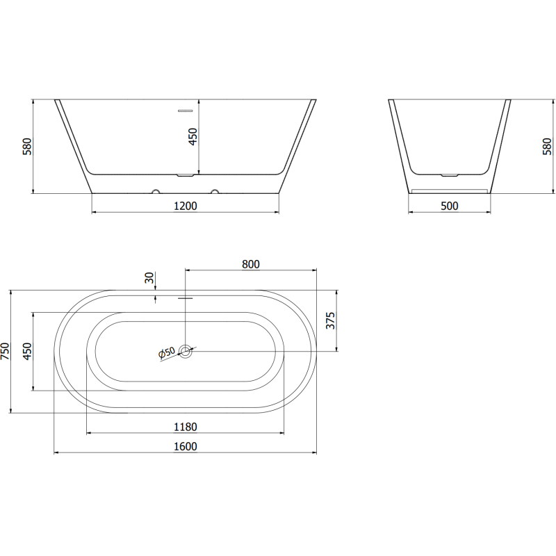 Mexen Luna laisvai stovinti vonia 160 x 75 cm, balta, chromuota perpylimo anga - 52031607500-01