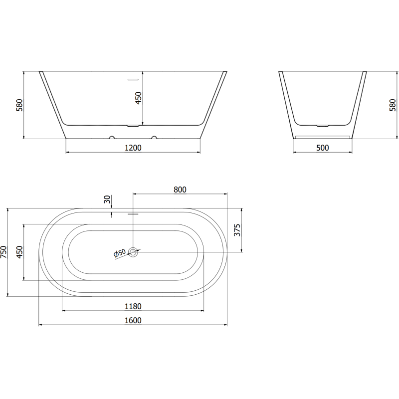 Mexen Luna laisvai pastatoma vonia 160 x 75 cm, balta, gun gray šlifuotas perbraukimas - 52031607500-66
