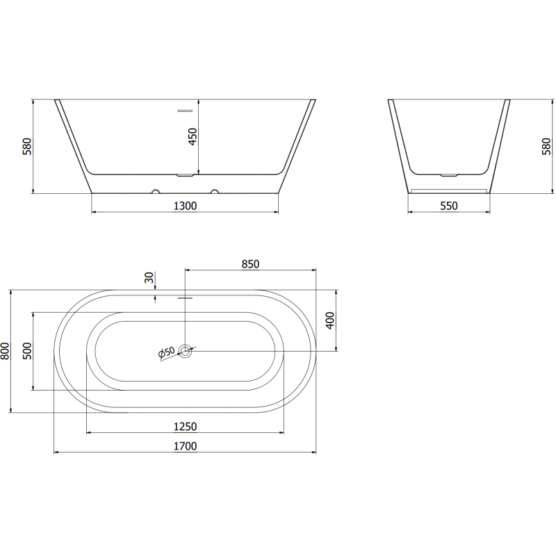 Mexen Luna laisvai stovinti vonia 170 x 80 cm, balta, gun metal – 52031708000-95
