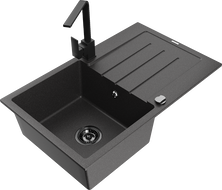 Mexen Bruno granitinė vienos komeros kriauklė su nutekėjimo dagtimi ir virtuviniu maišytuvu Rita, juodas taškeliais