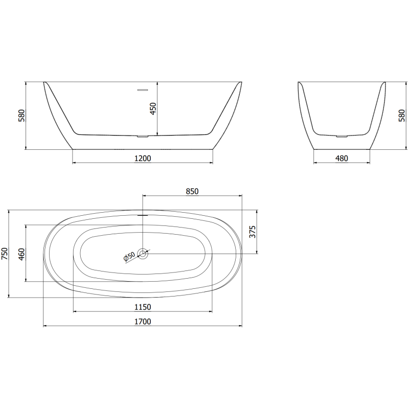 Mexen Luvo Slim laisvai stovinti vonia 170 x 75 cm, balta, nušlifuotas vario perpylimas - 52801707500-65