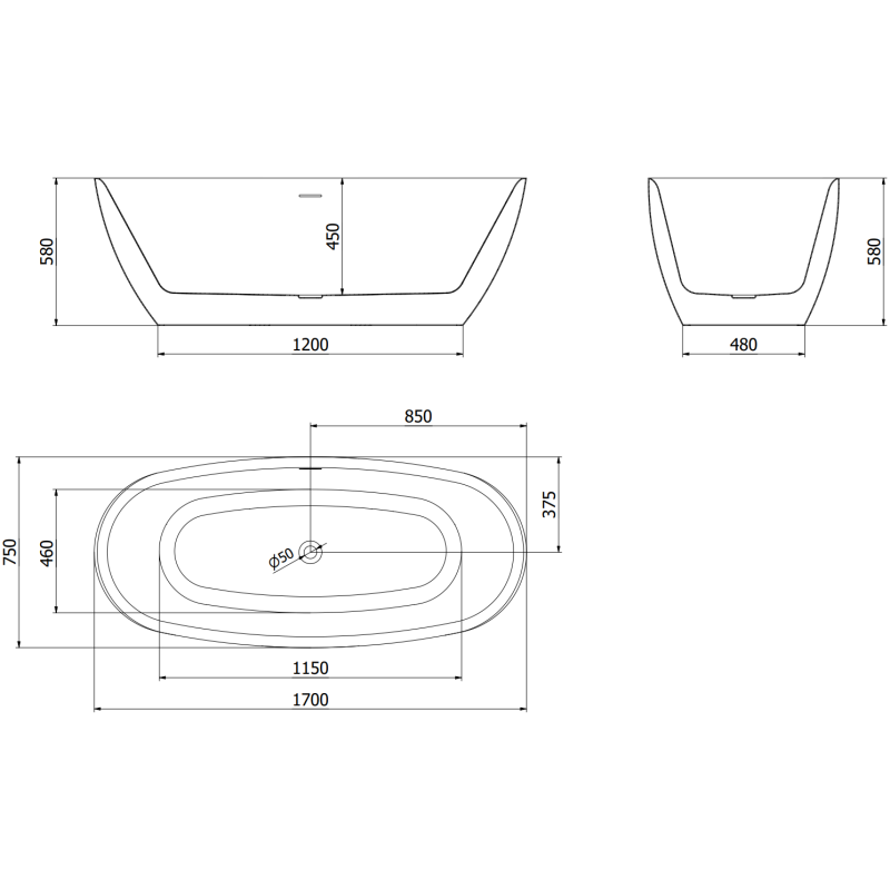 Mexen Luvo Slim laisvai pastatoma vonia 170 x 75 cm, balta/juoda, perpylimas gun gray šlifuotas - 52801707575-66