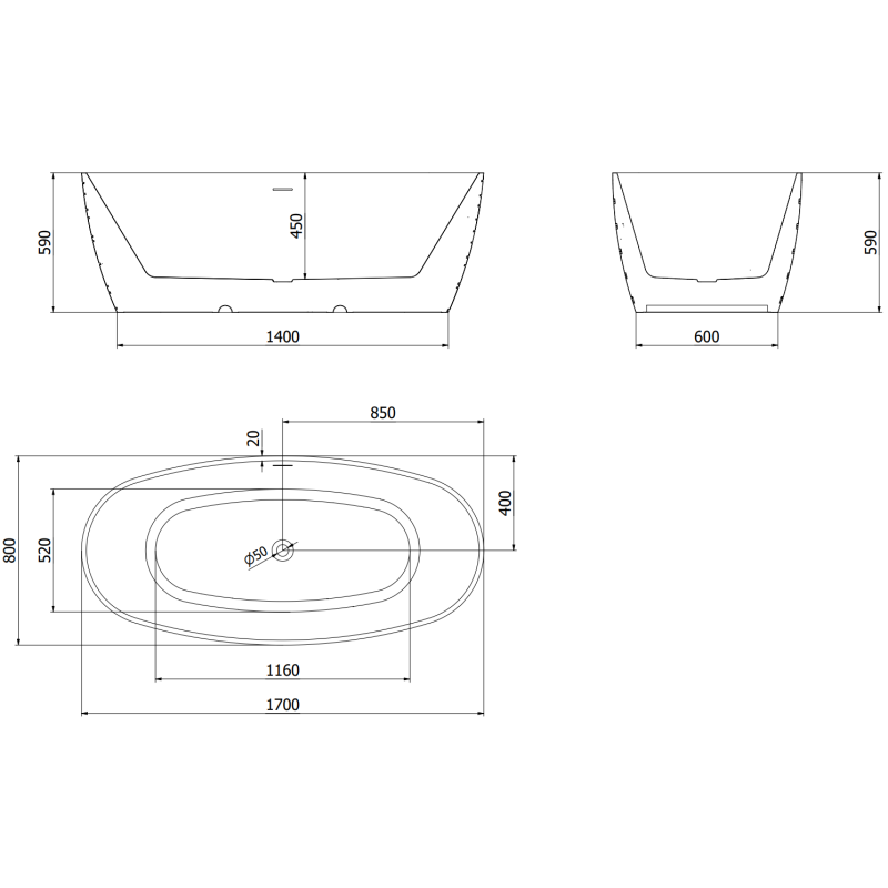 Mexen Olea laisvai stovinti vonia, modelis 170 x 80 cm, balta/juoda, perpylimas gun metal - 52821708075-95
