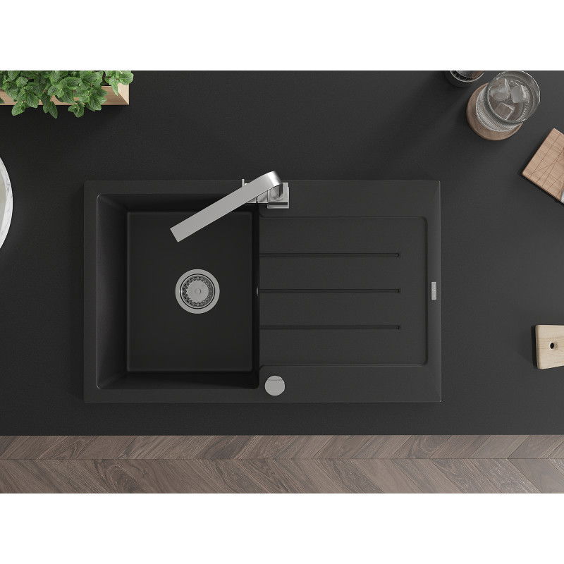 Mexen Bruno granitinė 1-skyriumi plautuvė su varvančiu paviršiumi ir virtuviniu maišytuvu Rita, juoda - 6513-77-670300-00
