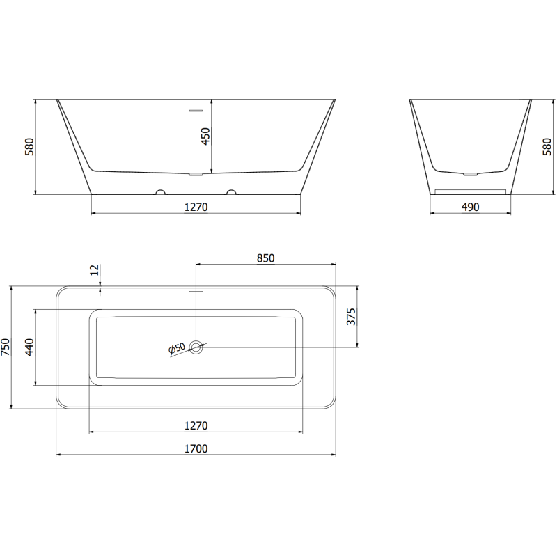 Mexen Velo Slim laisvai stovinti vonia 170 x 75 cm, balta/juoda, šlifuoto vario perpylimas - 52811707575-65