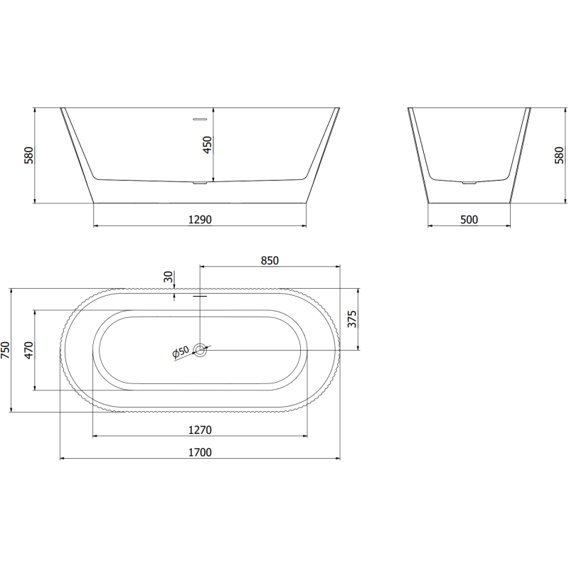 Mexen Yara laisvai pastatoma rifliuota vonia 170 x 75 cm, balta, perpildymo rožinis auksas - 52861707500-60