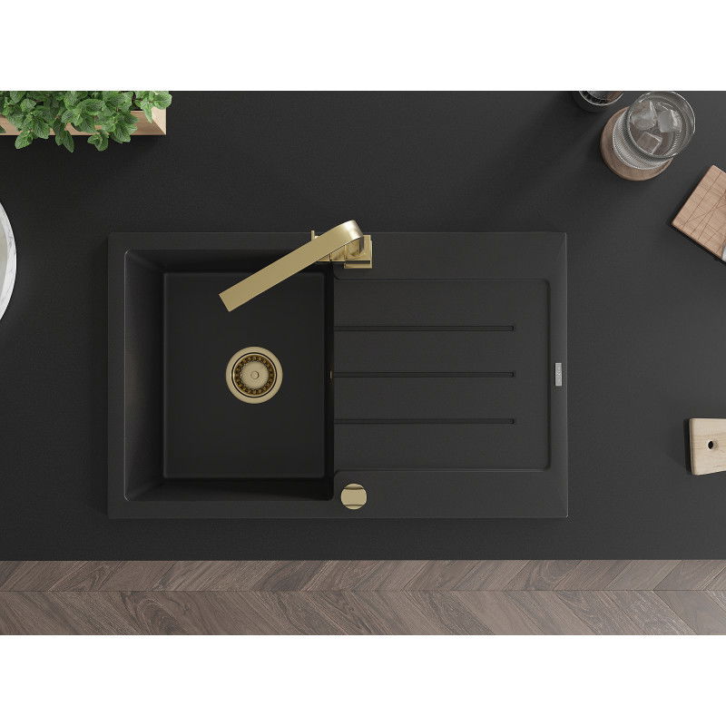 Mexen Bruno granitinis vienos kameros plautuvė su nusausintoju ir virtuviniu maišytuvu Rita, juodas - 6513-77-670300-50