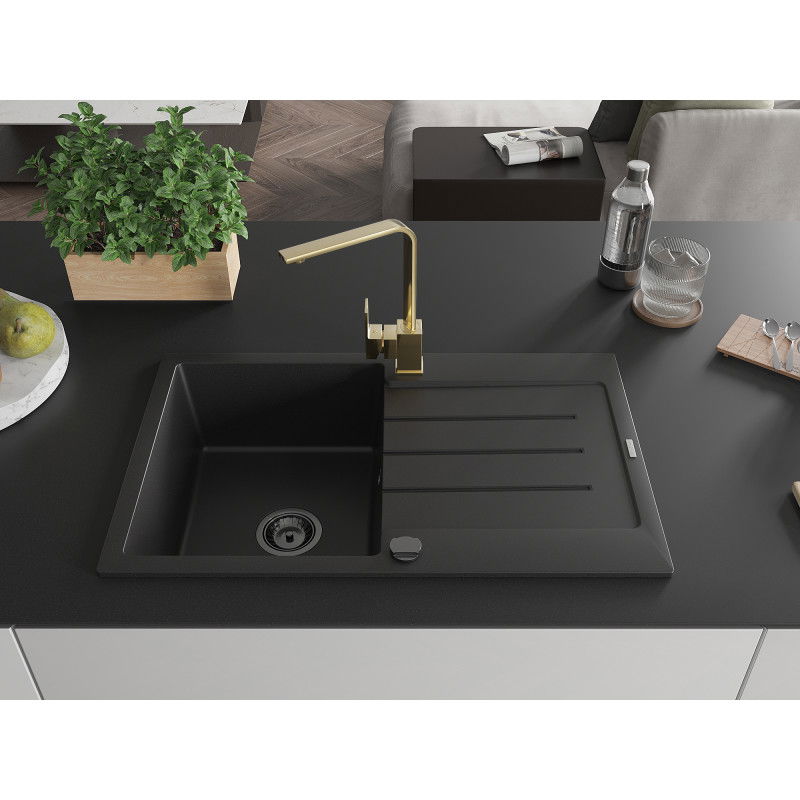 Mexen Bruno granitinė vienos kameros kriauklė su nusausintuvu ir virtuvės maišytuvu Rita, juoda - 6513-77-670300-50-B