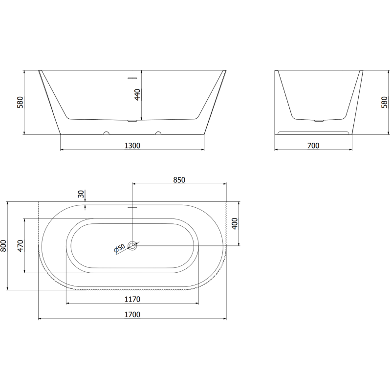 Mexen Oris laisvai pastatoma rifliuota vonia 170 x 80 cm, balta/juoda, perpildymas gun gray šlifuotas - 52871708075-66
