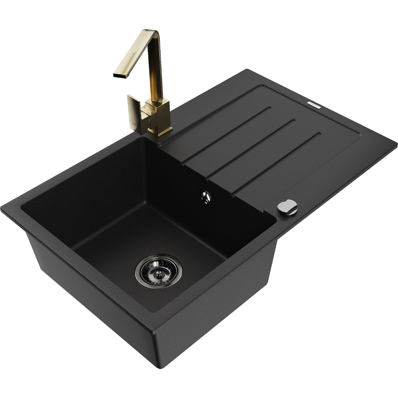 Mexen Bruno granitinė vienos kameros kriauklė su nusausintuvu ir virtuvės maišytuvu Rita, juoda - 6513-77-670300-50-B