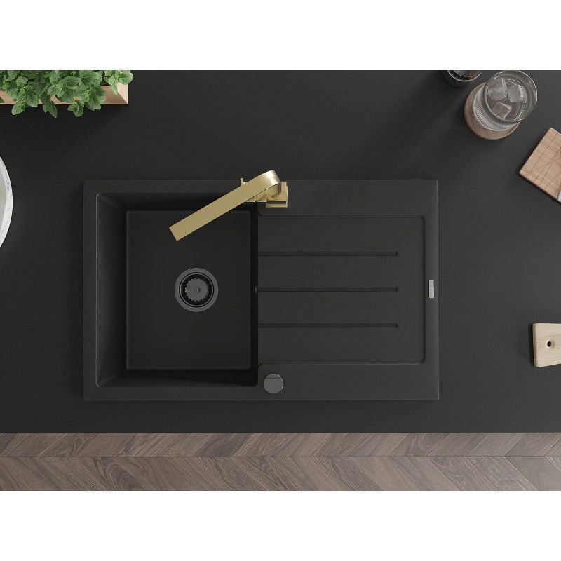 Mexen Bruno granitinė vienos kameros kriauklė su nusausintuvu ir virtuvės maišytuvu Rita, juoda - 6513-77-670300-50-B