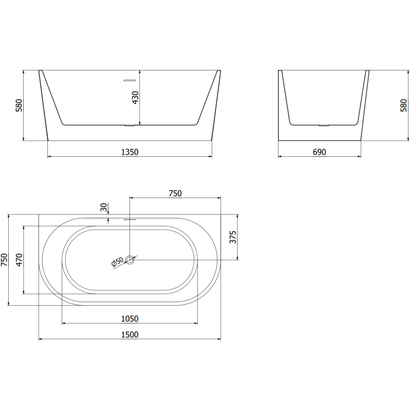 Mexen Oval laisvai pastatoma prie sienos vonia 150 x 75 cm, balta, gun gray šlifuotas perpylimas - 52671507500-66
