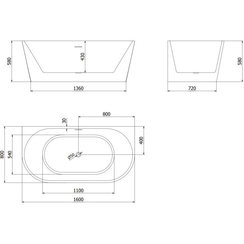 Mexen Oval laisvai pastatoma vonia prie sienos 160 x 80 cm, balta/juoda, gun metal perpylimas - 52671608075-95