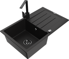 Mexen Bruno granito kriauklė 1-dubens su nusausintuvu ir virtuviniu maišytuvu Rita, juoda - 6513-77-670300-70-B