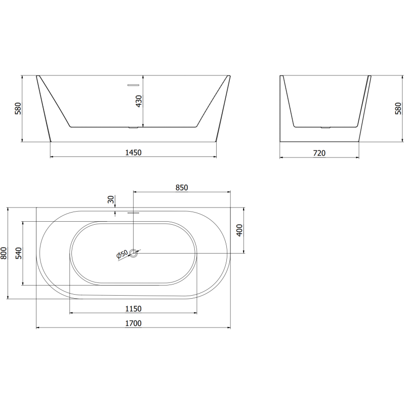 Mexen Oval laisvai stovinti vonia prie sienos 170 x 80 cm, balta, baltas perpylimas - 52671708000-20