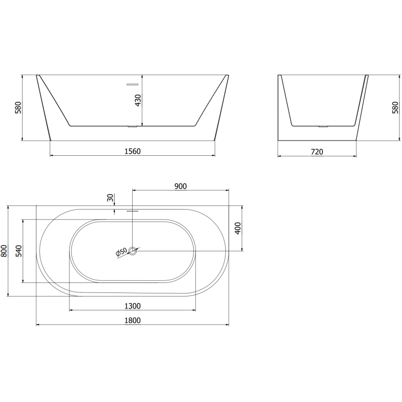 Mexen Oval laisvai stovinti vonia prie sienos, 180 x 80 cm, balta/juoda, matinė gun gray apdaila - 52671808075-66