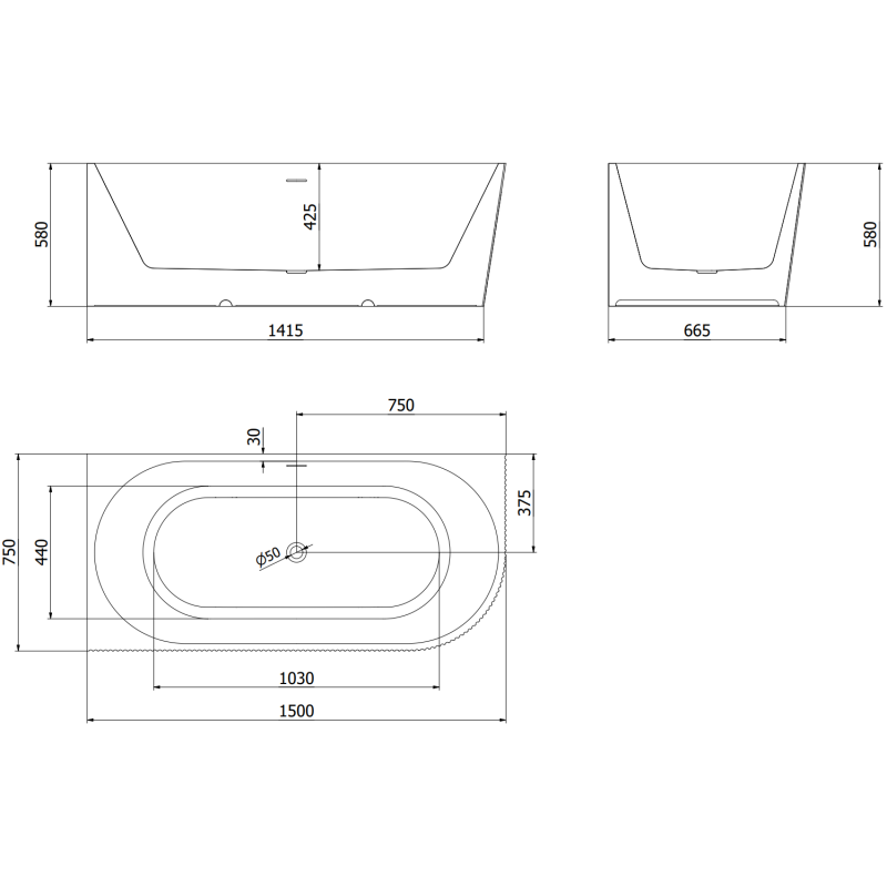 Mexen Silo freestanding corner left fluted bathtub 150 x 75 cm, white/black, brushed nickel overflow - 52891507575L-97