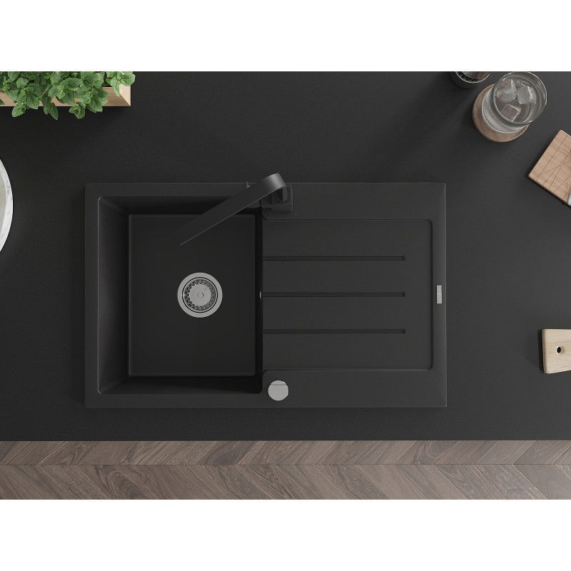 Mexen Bruno granito plautuvė su vienu dubeniu ir nutekėjimo lentyna bei virtuviniu maišytuvu Rita, juoda - 6513-77-670300-70