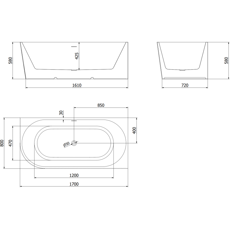 Mexen Silo laisvai pastatoma kampinė vonia dešinė su grioveliais 170 x 80 cm, balta, pratekėjimo anga gun metal spalvos