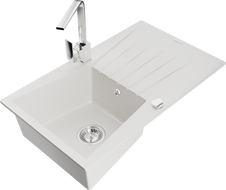 Mexen Cesar vienos dubenėlės sušlapinimo granito kriauklė su virtuviniu maišytuvu Rita, balta - 6514-20-670300-00