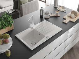 Mexen Cesar granitinė vienos kameros plautuvė su nutekėjimu ir virtuviniu maišytuvu Rita, balta - 6514-20-670300-20