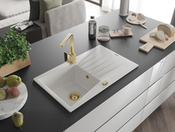 Mexen Cesar granito kriauklė su vienu skyriumi ir džiovyklėle, su virtuvės maišytuvu Rita, balta - 6514-20-670300-50