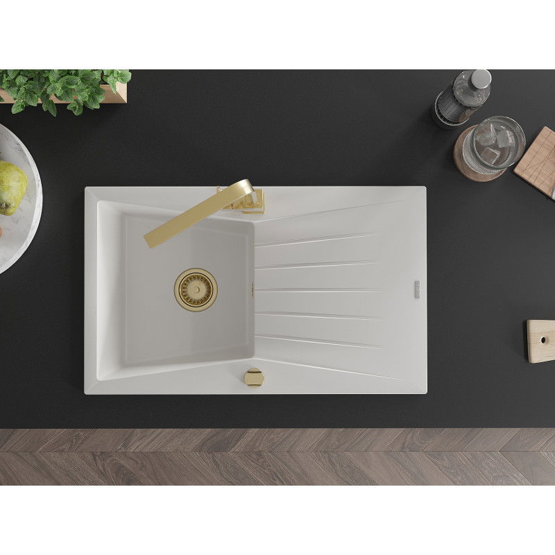 Mexen Cesar granito kriauklė su vienu skyriumi ir džiovyklėle, su virtuvės maišytuvu Rita, balta - 6514-20-670300-50