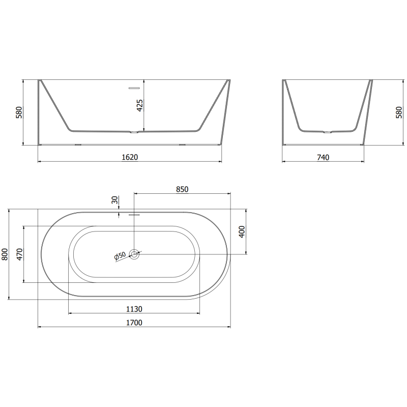 Mexen Mia laisvai pastatoma kampinė vonia kairioji 170 x 80 cm, balta, perpylimo anga šepečiu nubrėžta pistoletinė pilka