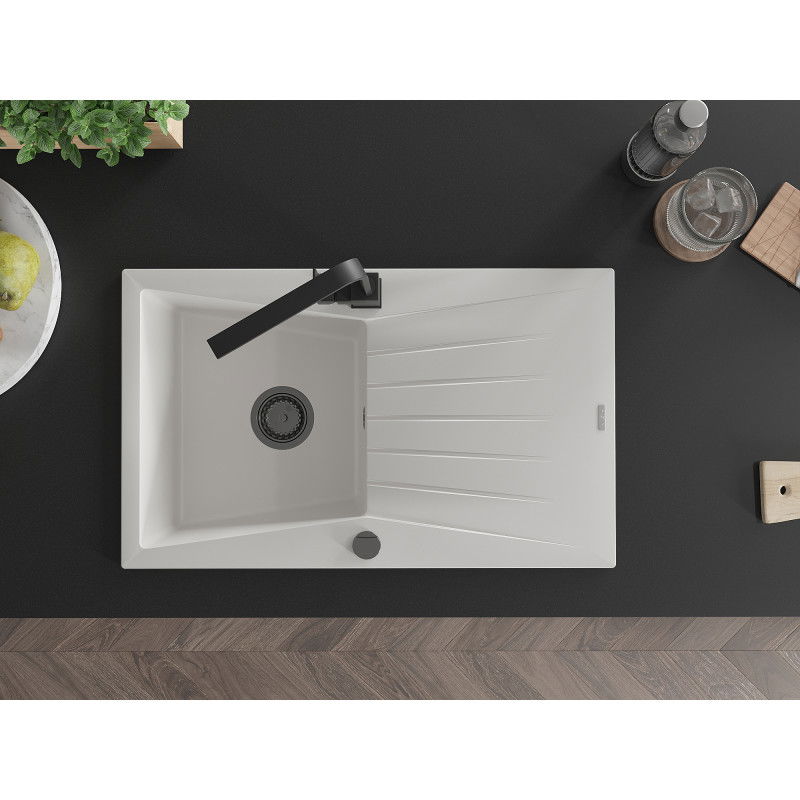 Mexen Cesar granitinė vienos dubens praustuvė su nusausintuvu ir virtuviniu maišytuvu Rita, balta - 6514-20-670300-70