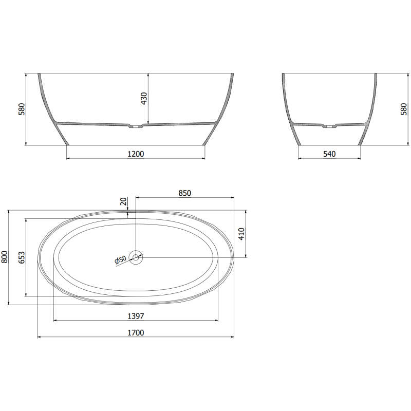 Mexen Orax juoda laisvai stovinti permatoma vonia 170 x 80 cm, chromuotas kamštis - 58081708013