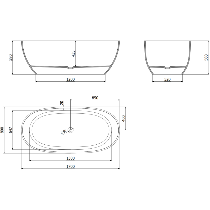 Mexen Pure rūdžių spalvos laisvai pastatoma vonia permatoma 170 x 80 cm, chromuotas kamštis - 58071708006