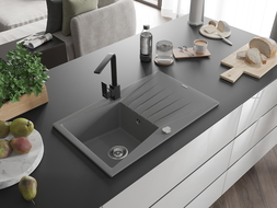 Mexen Cesar vienos kameros granito kriauklė su nusausintuvu ir virtuviniu maišytuvu Rita, pilkas - 6514-71-670300-70