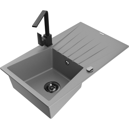 Mexen Cesar granitinė vienos kameros kriauklė su nutekėjimu ir virtuvės maišytuvu Rita, pilkas - 6514-71-670300-70-B