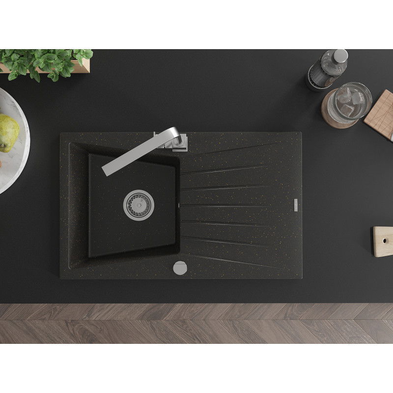 Mexen Cesar granitinė viena komora su nusausintuvu ir virtuviniu maišytuvu Rita, juodas/auksinis metalo spalva