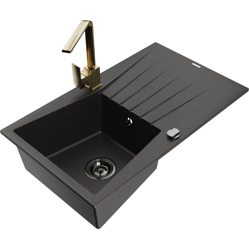 Mexen Cesar granitinė vienos kameros plautuvė su nusausintuvu ir virtuvės maišytuvu Rita, juoda/auksinė metalinė