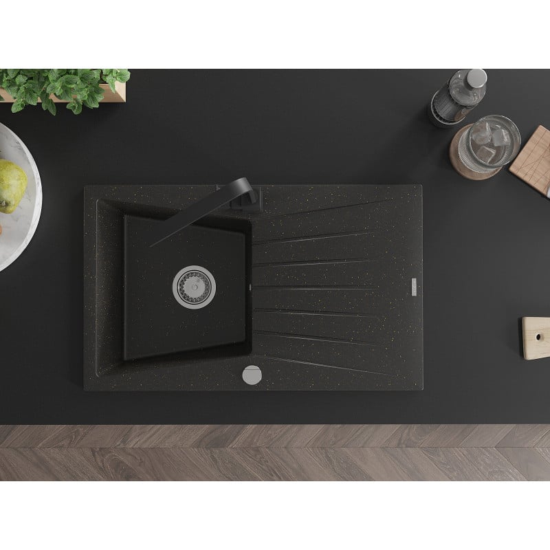 Mexen Cesar granitinė plautuvė su viena kamera, lašėtuvu ir virtuvės maišytuvu Rita, juoda/auksinis metalikas