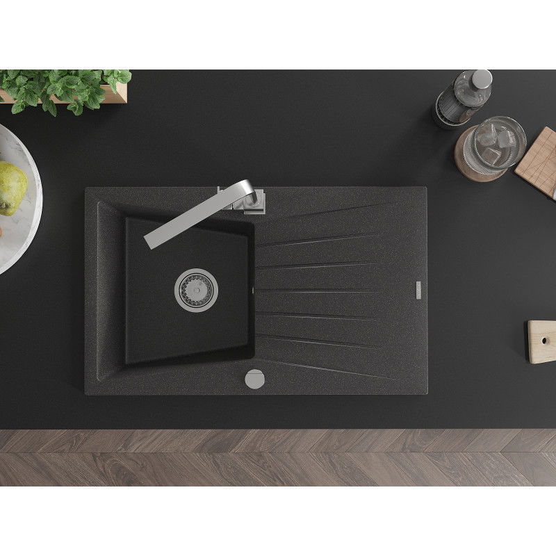Mexen Cesar granito plautuvė 1 skyrius su lašėjimo plokšte ir Rita virtuvės maišytuvu, juodas taškuotas - 6514-76-670300-00