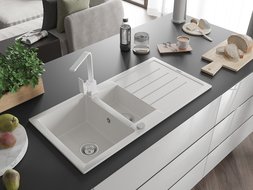 Mexen Andres 1,5 kamerų granitinė plautuvė su nudžiovyklu ir virtuviniu maišytuvu Rita, balta - 6515-20-670300-20