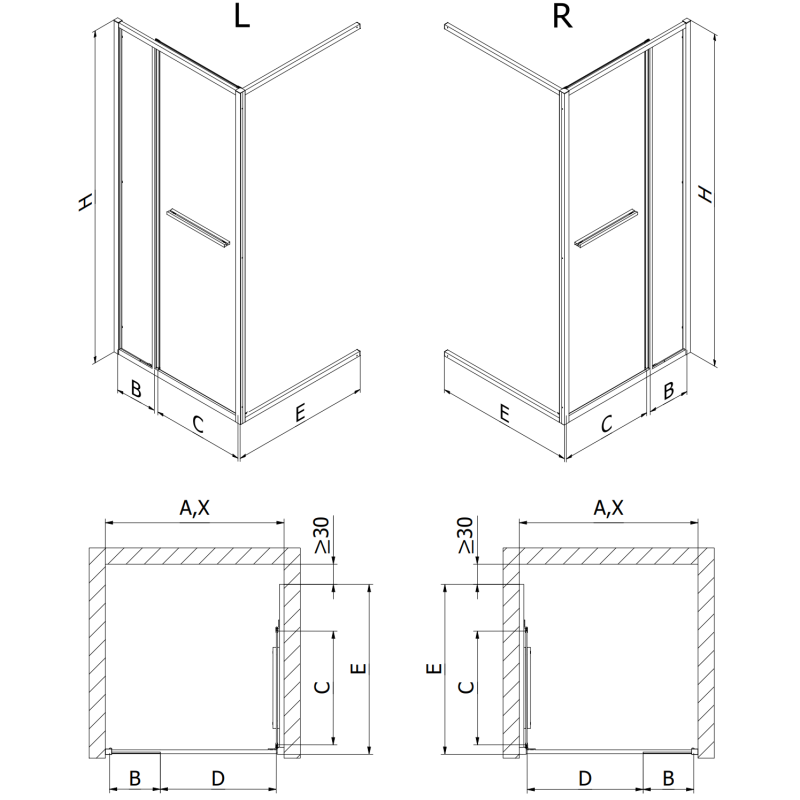 Mexen Linea stumiamosios dušo durys 80 cm, permatomos, juodos - 8E1-080-000-70-70