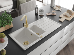 Mexen Andres granitinis virtuvės kriauklė 1,5 skyrių su varva ir virtuviniu maišytuvu Rita, balta - 6515-20-670300-50