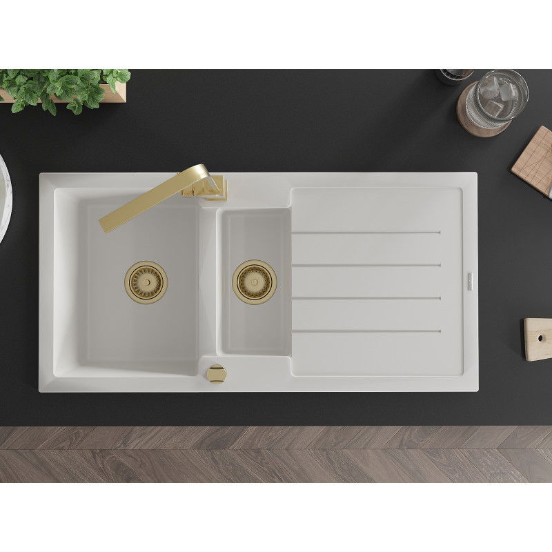 Mexen Andres granitinis virtuvės kriauklė 1,5 skyrių su varva ir virtuviniu maišytuvu Rita, balta - 6515-20-670300-50