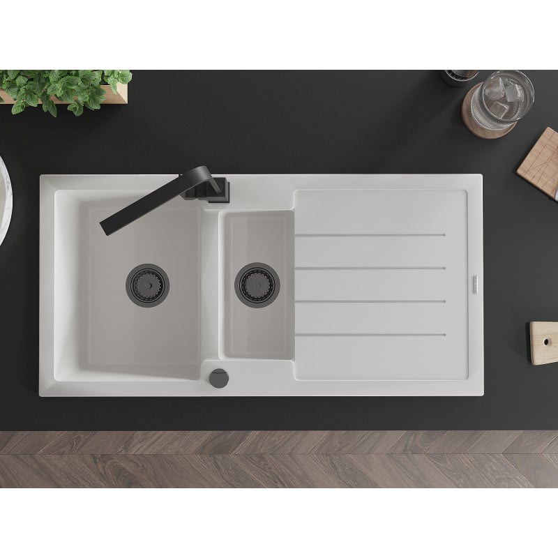 Mexen Andres 1,5 skylių granitinis kriauklė su nutekamu ir virtuviniu maišytuvu Rita, balta - 6515-20-670300-70